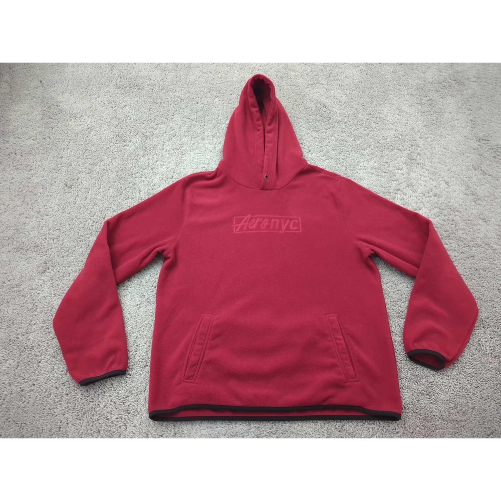 Aeropostale Hoodie Mens Large‎ Red Fleece Pullover AeroNYC Tonal Logo Pockets